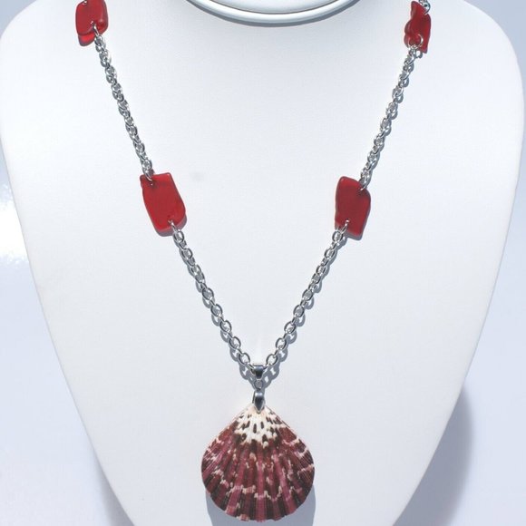 Custom Jewelry - Red Sea Glass set with Pecten Sea Shell